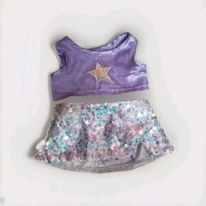 Build a Bear Honey Girls Star Sequin Silver Sequin Skirt Purple Shirt Outfit
